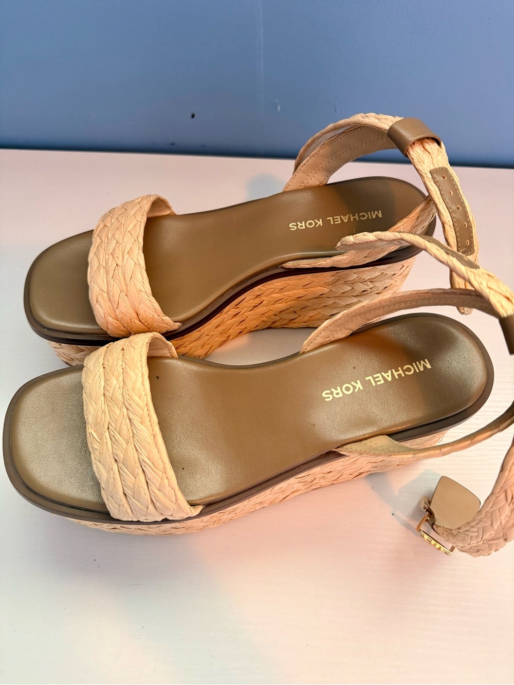 Michael Kors Tan Braided Espadrille Wedge Sandals